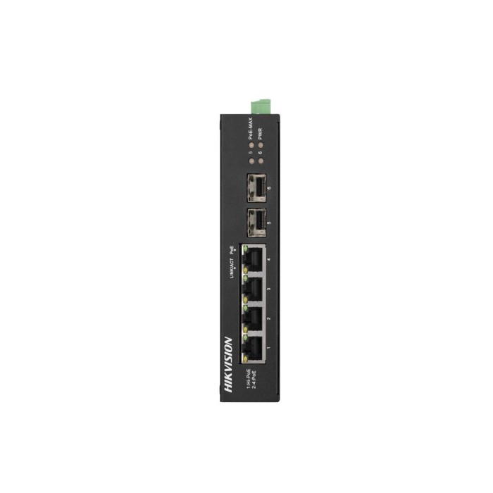 Hikvision DS-3T0506HP-E/HS — промышленный коммутатор с PoE, порты с poe: 4, суммарный бюджет poe: 60 Вт