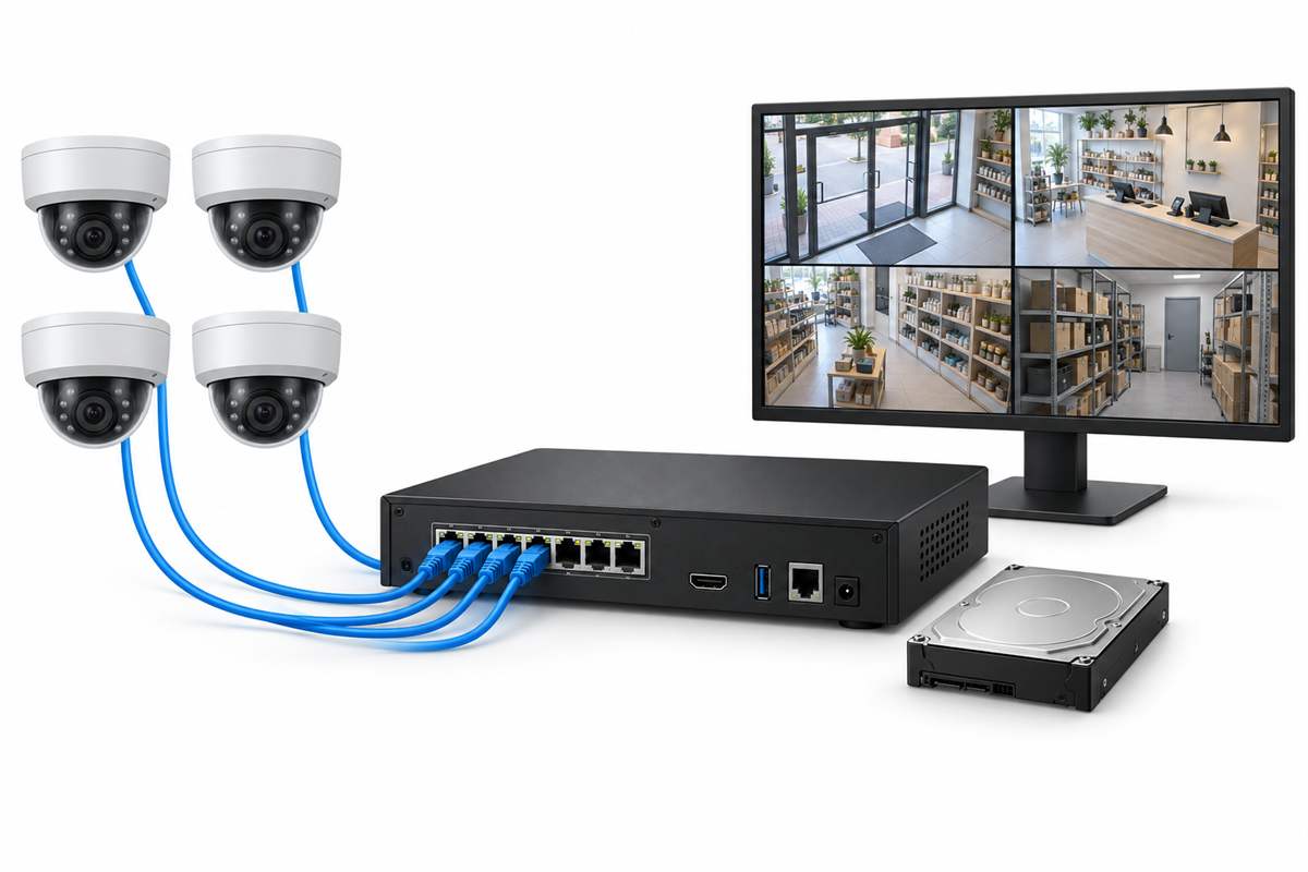 IP-камеры, сетевой видеорегистратор, монитор и диск для записи